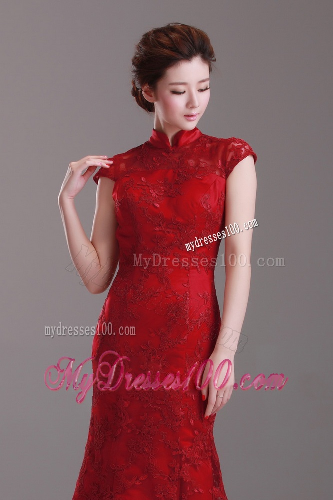 Exquisite Cap Sleeves Mermaid Wine Red Wedding Dresses with Brush Train