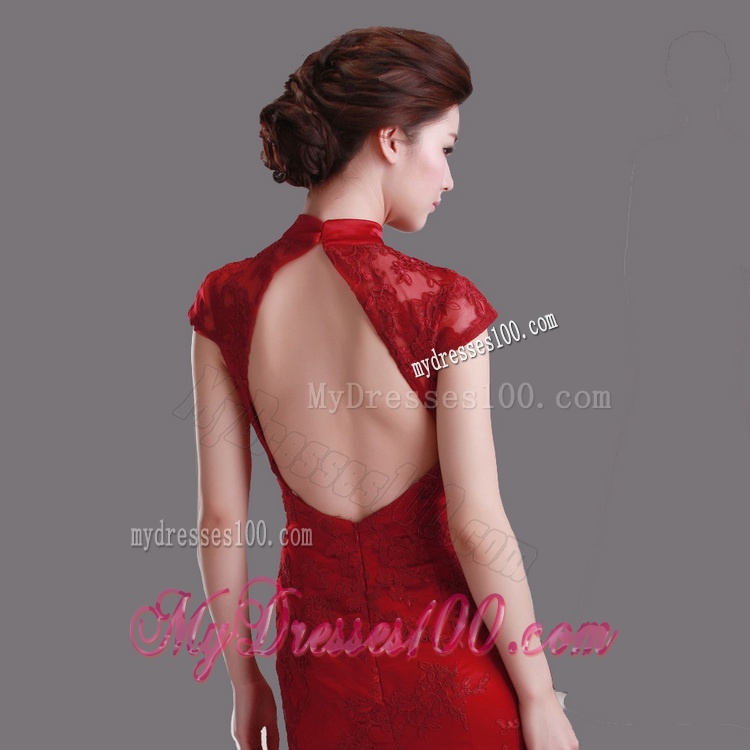 Exquisite Cap Sleeves Mermaid Wine Red Wedding Dresses with Brush Train