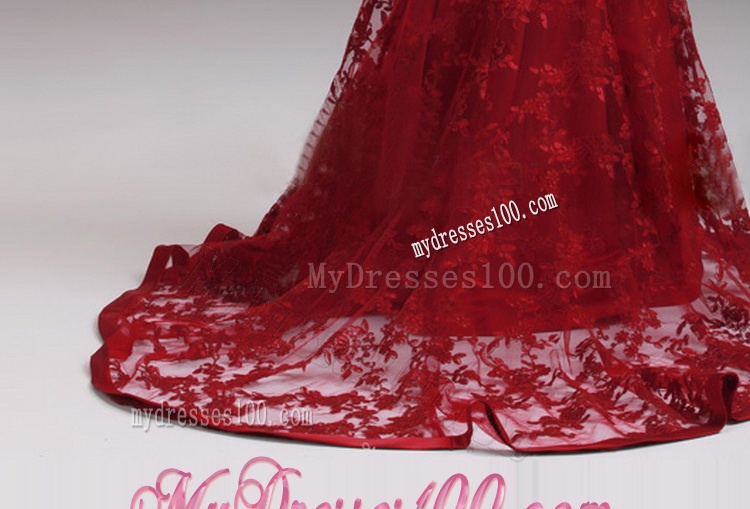 Exquisite Cap Sleeves Mermaid Wine Red Wedding Dresses with Brush Train