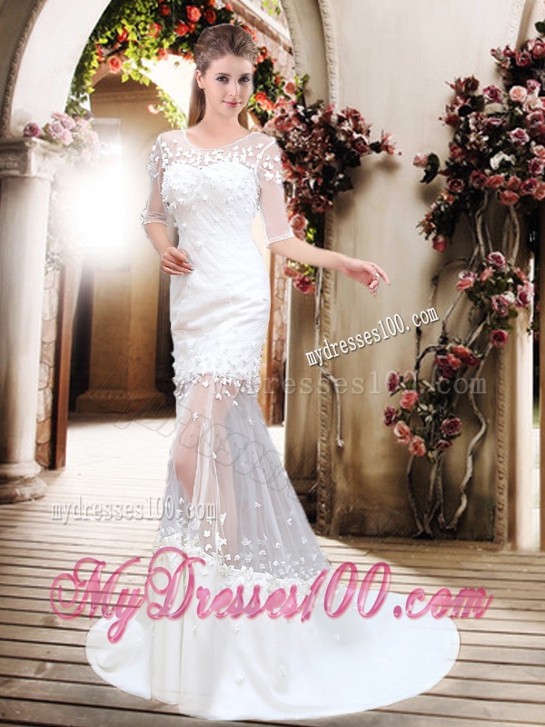 Exquisite Column Scoop Brush Train Appliques Wedding Dresses with Half Sleeves