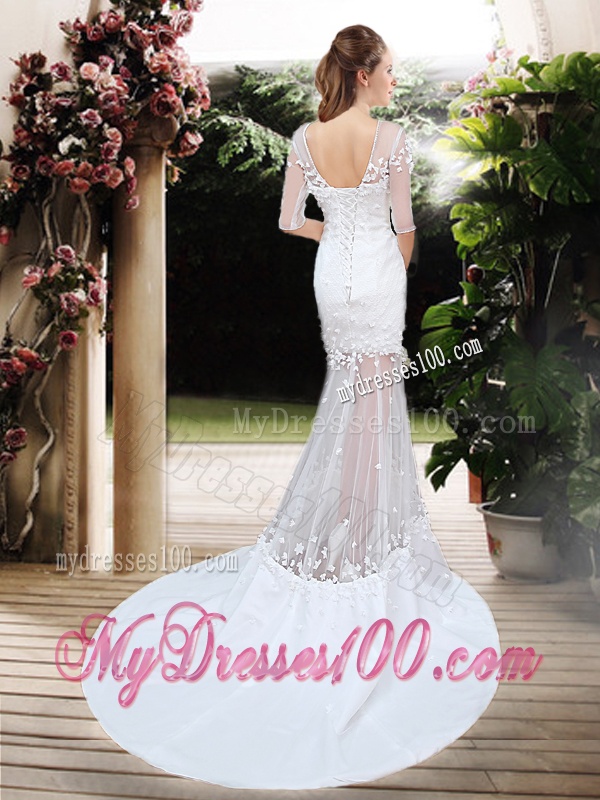 Exquisite Column Scoop Brush Train Appliques Wedding Dresses with Half Sleeves