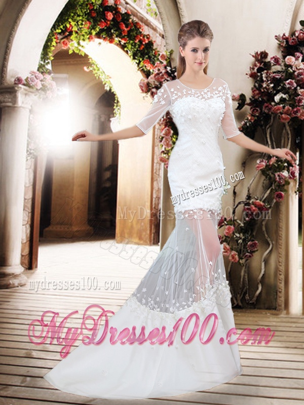 Exquisite Column Scoop Brush Train Appliques Wedding Dresses with Half Sleeves