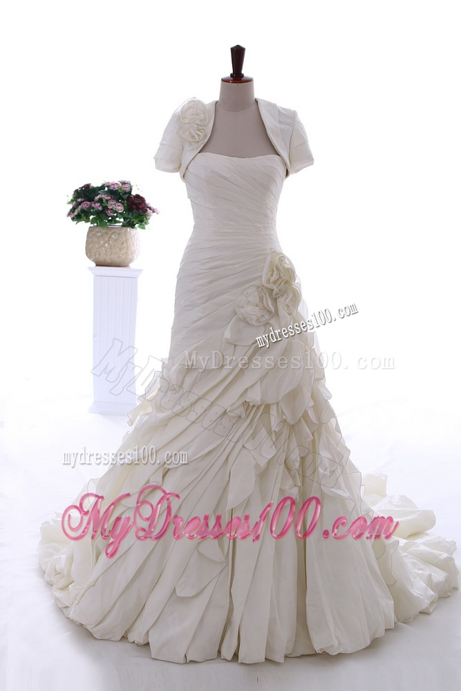 Exquisite Hand Made Flowers and Ruffles Wedding Dresses with Brush Train