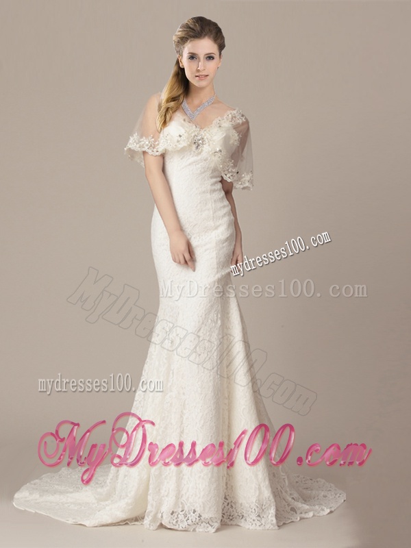 Gorgeous Mermaid V Neck Court Train Short Sleeves Wedding Dresses with Lace and Appliques