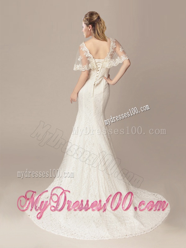 Gorgeous Mermaid V Neck Court Train Short Sleeves Wedding Dresses with Lace and Appliques