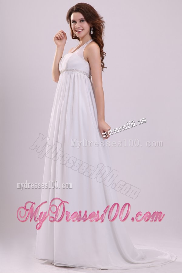 Halter Top Neck Chiffon Empire Beading Wedding Dress with Sweep Train