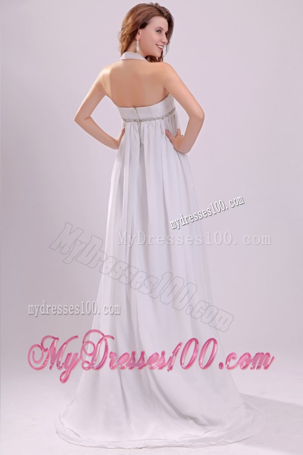 Halter Top Neck Chiffon Empire Beading Wedding Dress with Sweep Train