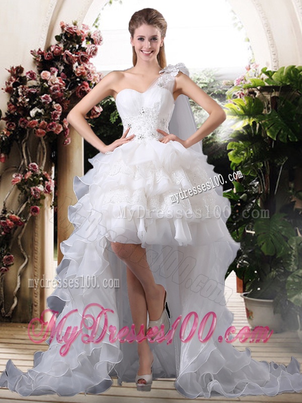 Inexpensive One Shoulder High Low Wedding Dresses with Ruffled Layers