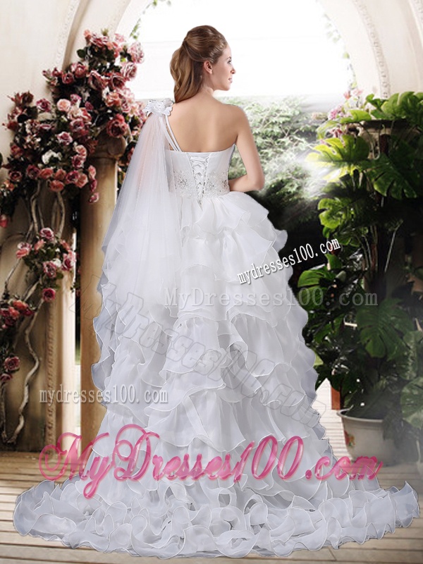 Inexpensive One Shoulder High Low Wedding Dresses with Ruffled Layers