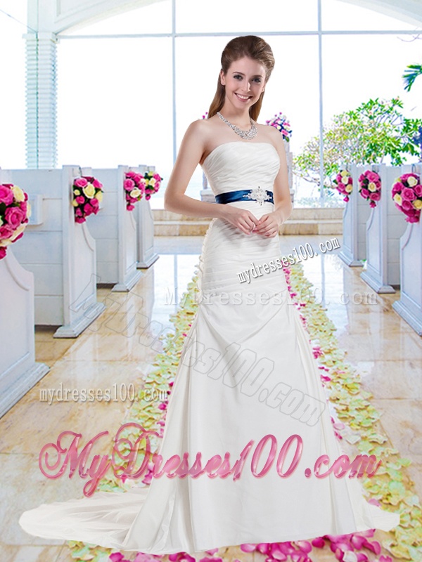 Inexpensive Strapless Belt and Ruched Wedding Dresses with Column