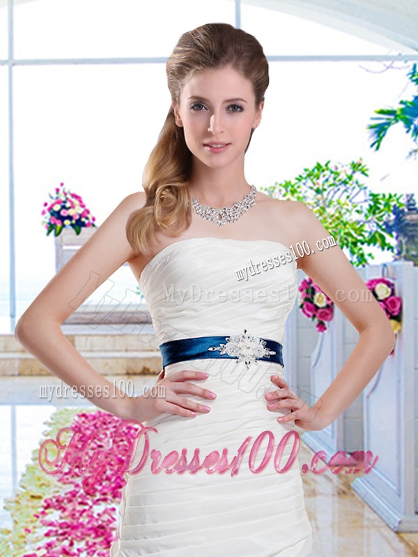 Inexpensive Strapless Belt and Ruched Wedding Dresses with Column