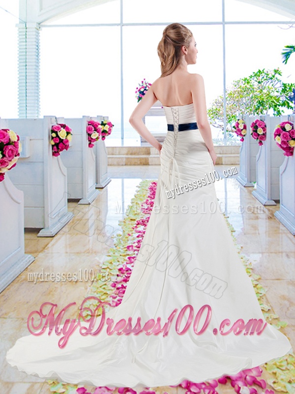 Inexpensive Strapless Belt and Ruched Wedding Dresses with Column