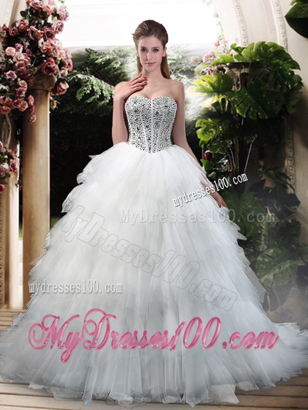 Latest Beading and Ruffles Wedding Dresses with Court Train