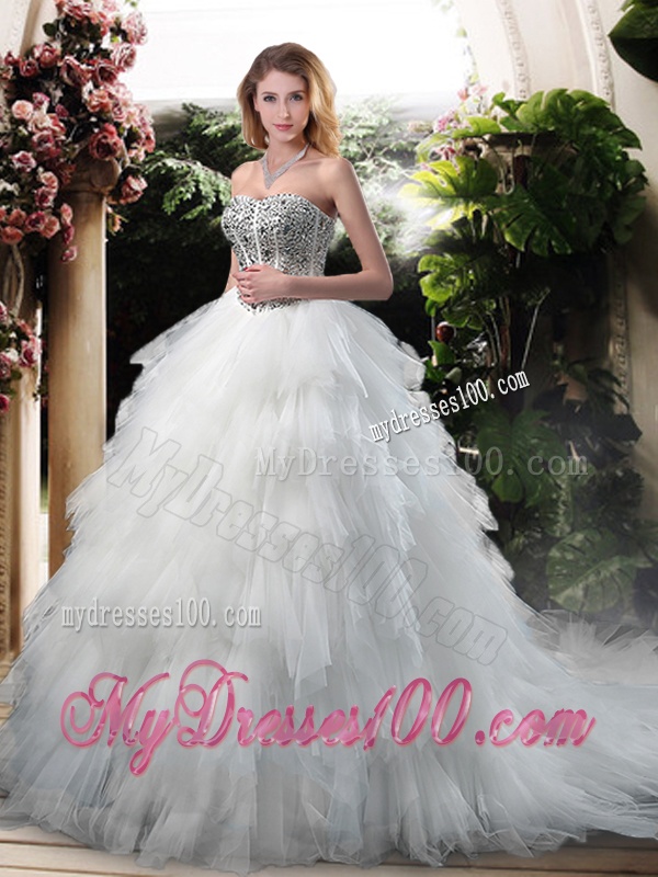 Latest Beading and Ruffles Wedding Dresses with Court Train