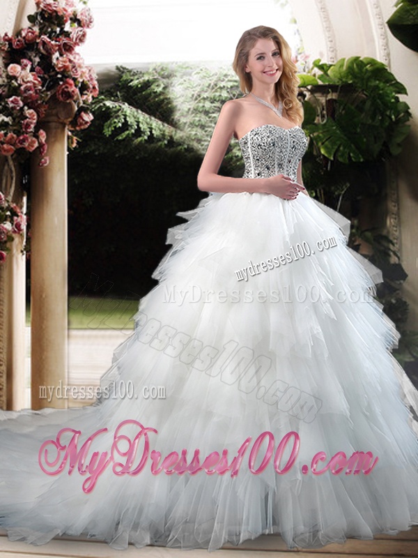 Latest Beading and Ruffles Wedding Dresses with Court Train