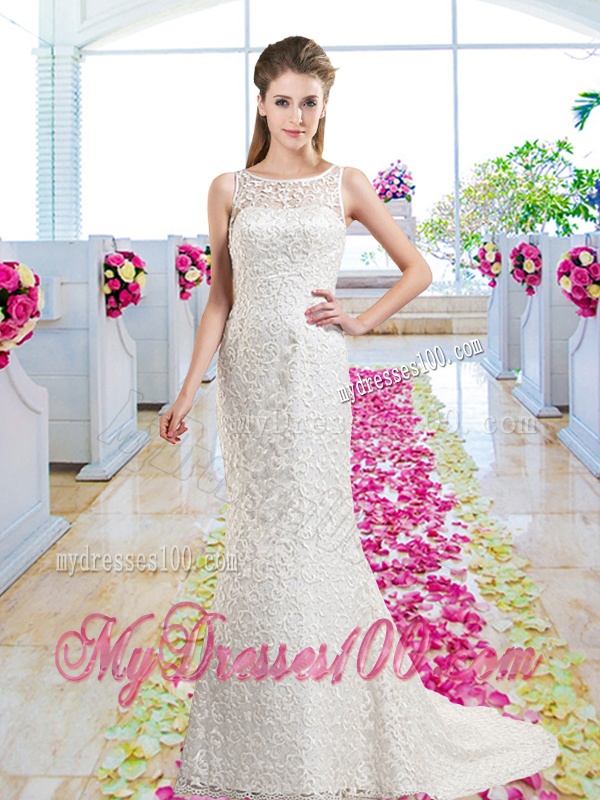 Luxurious Column Scoop Court Train Bridal Gowns with Lace