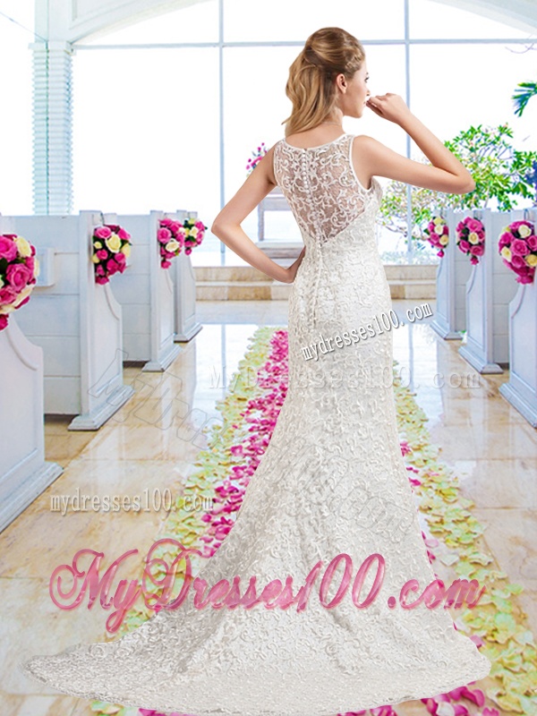 Luxurious Column Scoop Court Train Bridal Gowns with Lace