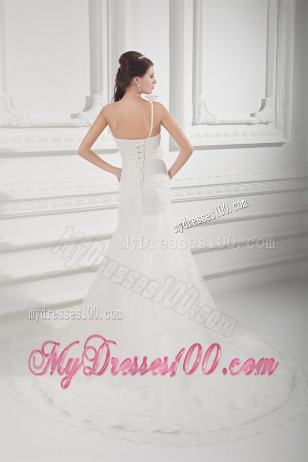 Mermaid One Shoulder Flowers Wedding Dress with Court Train