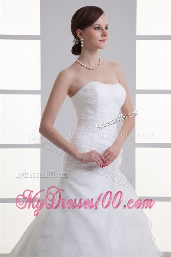 Mermaid Strapless Ruching Ruffles Organza Chapel Train Wedding Dress
