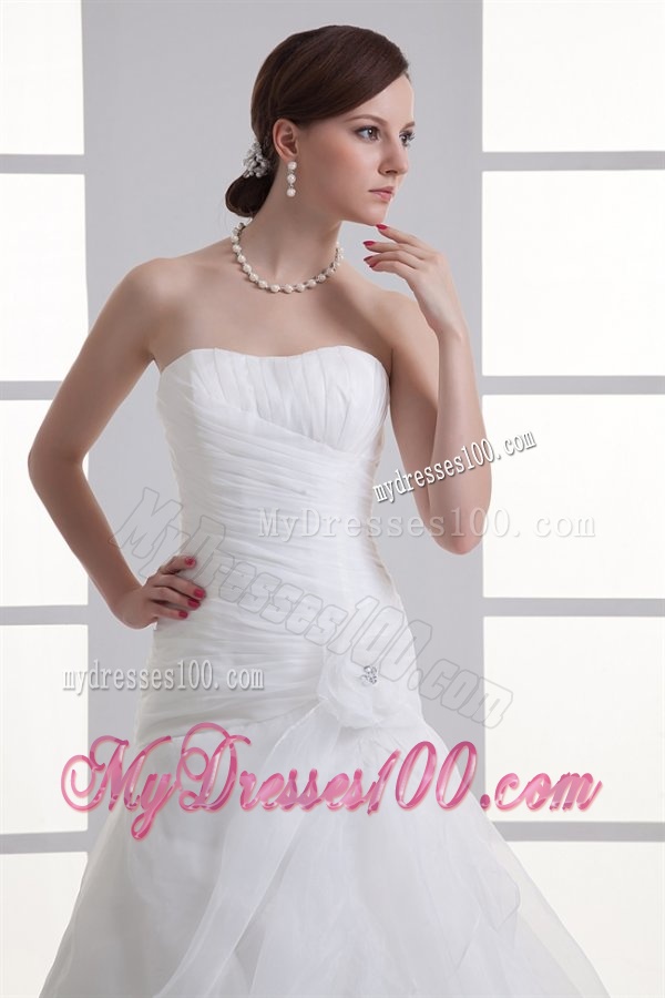 Mermaid Strapless Ruching Ruffles Organza Chapel Train Wedding Dress