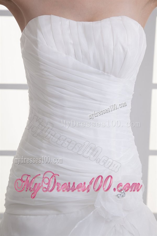 Mermaid Strapless Ruching Ruffles Organza Chapel Train Wedding Dress