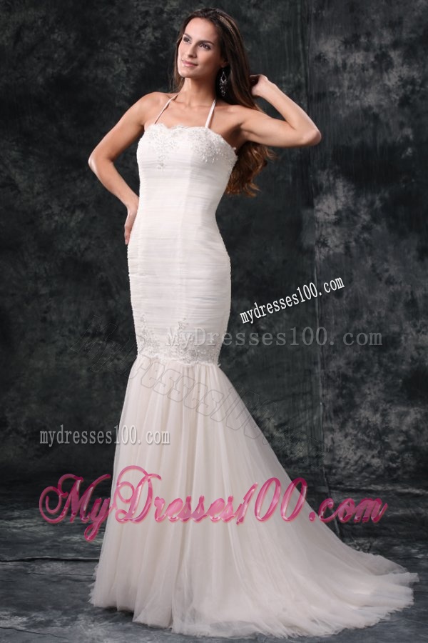 Mermaid Straps Brush Train Organza Appliques and Ruching Wedding Dress