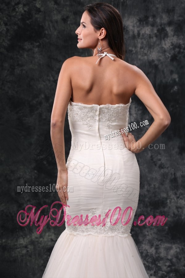 Mermaid Straps Brush Train Organza Appliques and Ruching Wedding Dress