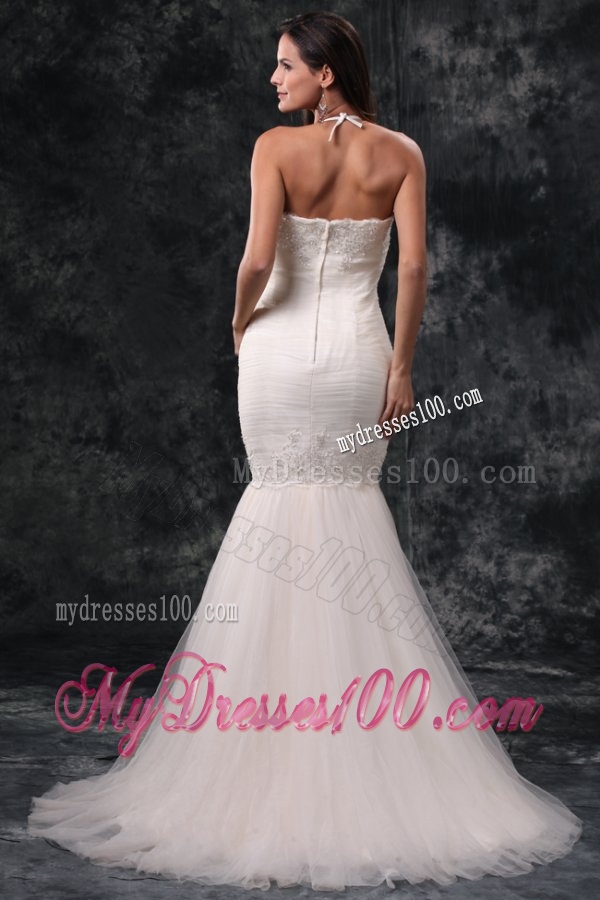 Mermaid Straps Brush Train Organza Appliques and Ruching Wedding Dress