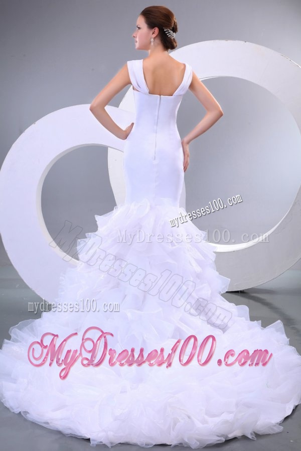 Mermaid Straps Ruffles Organza Chapel Train Wedding Dress