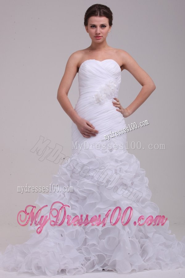 Mermaid Sweetheart Ruching and Ruffles Brush Train Organza Wedding Dress