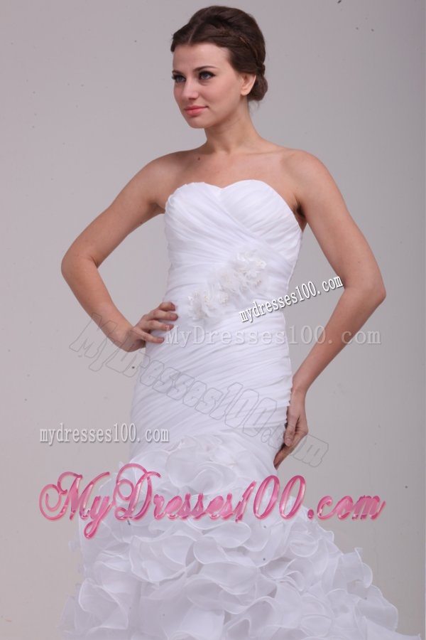 Mermaid Sweetheart Ruching and Ruffles Brush Train Organza Wedding Dress
