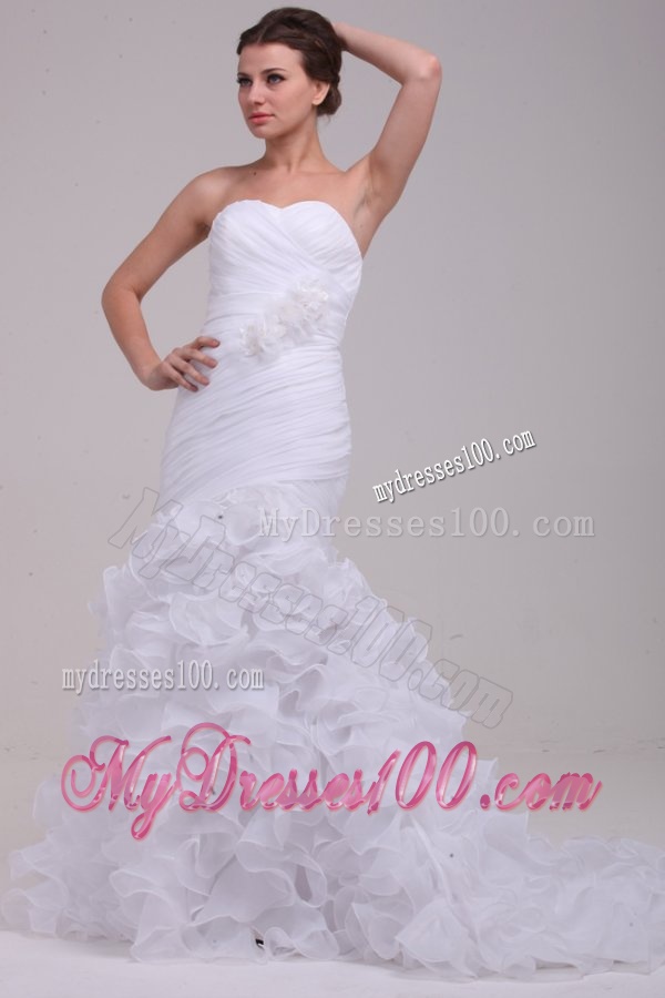Mermaid Sweetheart Ruching and Ruffles Brush Train Organza Wedding Dress
