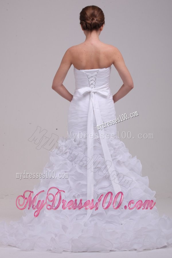 Mermaid Sweetheart Ruching and Ruffles Brush Train Organza Wedding Dress