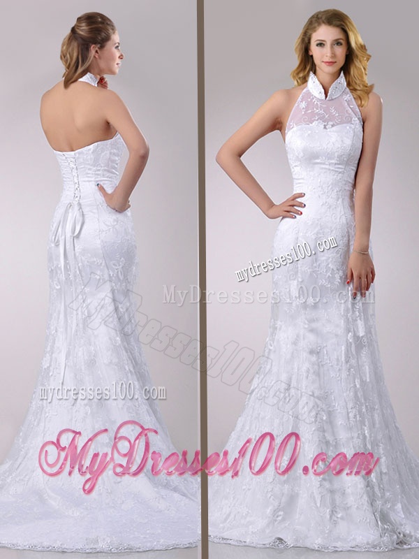 Most Popular Halter Top Mermaid Lace Bridal Dress with Brush Train for 2016