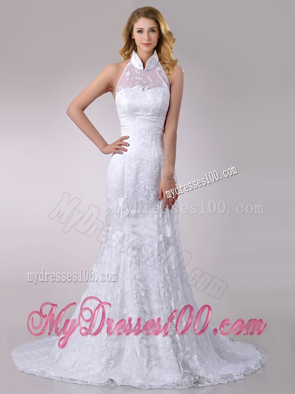 Most Popular Halter Top Mermaid Lace Bridal Dress with Brush Train for 2016