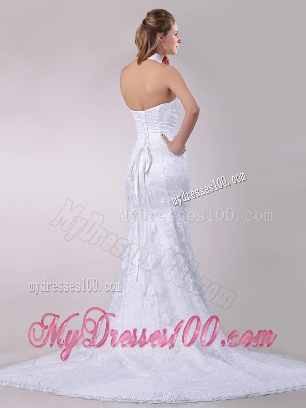 Most Popular Halter Top Mermaid Lace Bridal Dress with Brush Train for 2016