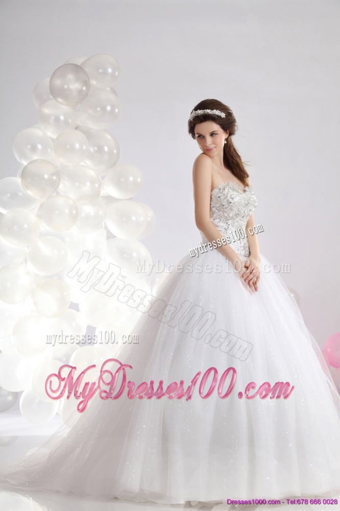 Popular White Sweetheart Rhinestones Bridal Gowns with Brush Train