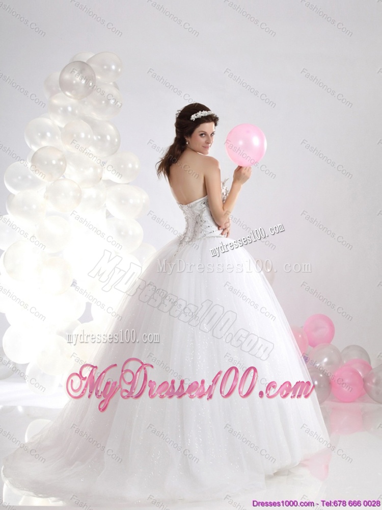 Popular White Sweetheart Rhinestones Bridal Gowns with Brush Train
