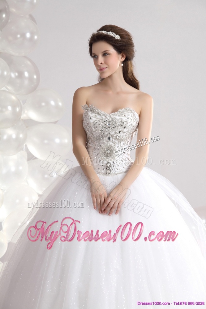 Popular White Sweetheart Rhinestones Bridal Gowns with Brush Train