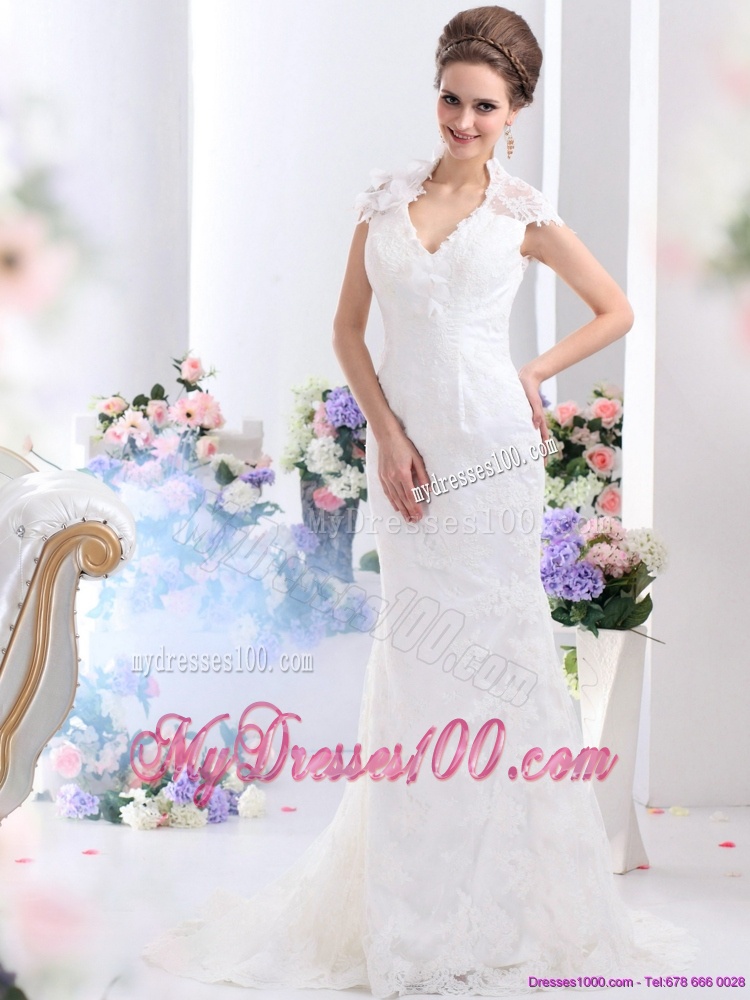 Popular White V Neck Lace 2016 Bridal Gown with Brush Train