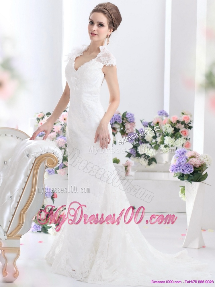 Popular White V Neck Lace 2016 Bridal Gown with Brush Train