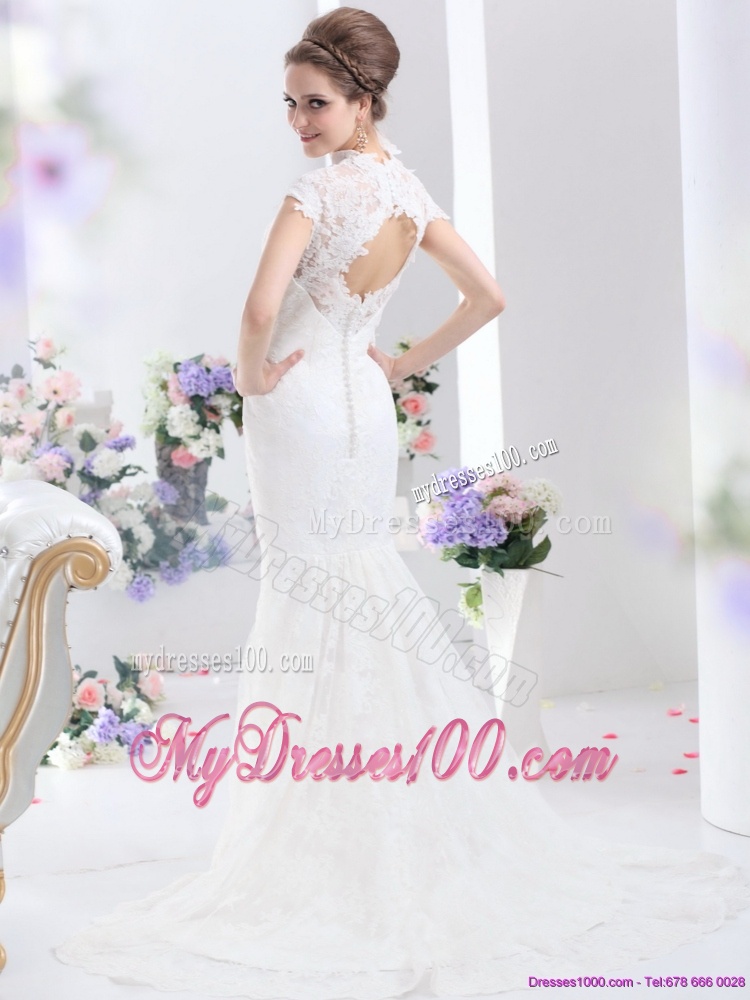 Popular White V Neck Lace 2016 Bridal Gown with Brush Train