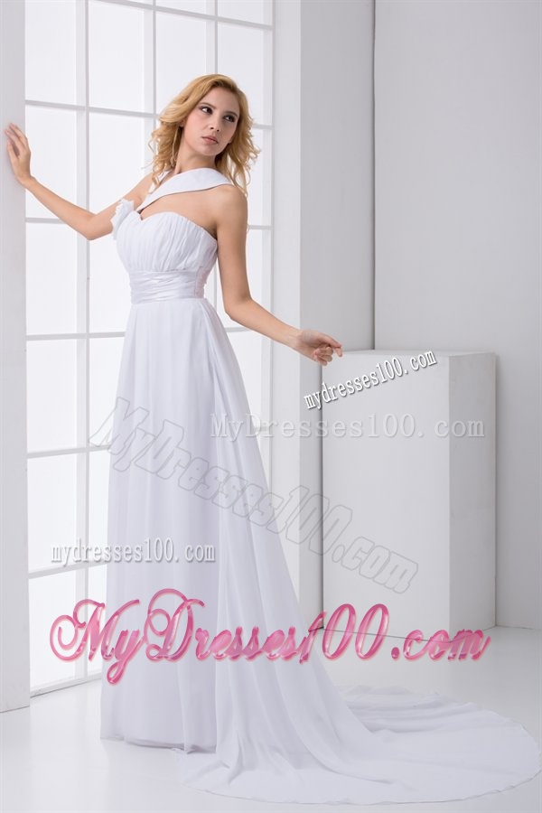 Pretty Empire Asymmetrical Neck Court Train Wedding Dress with Flower