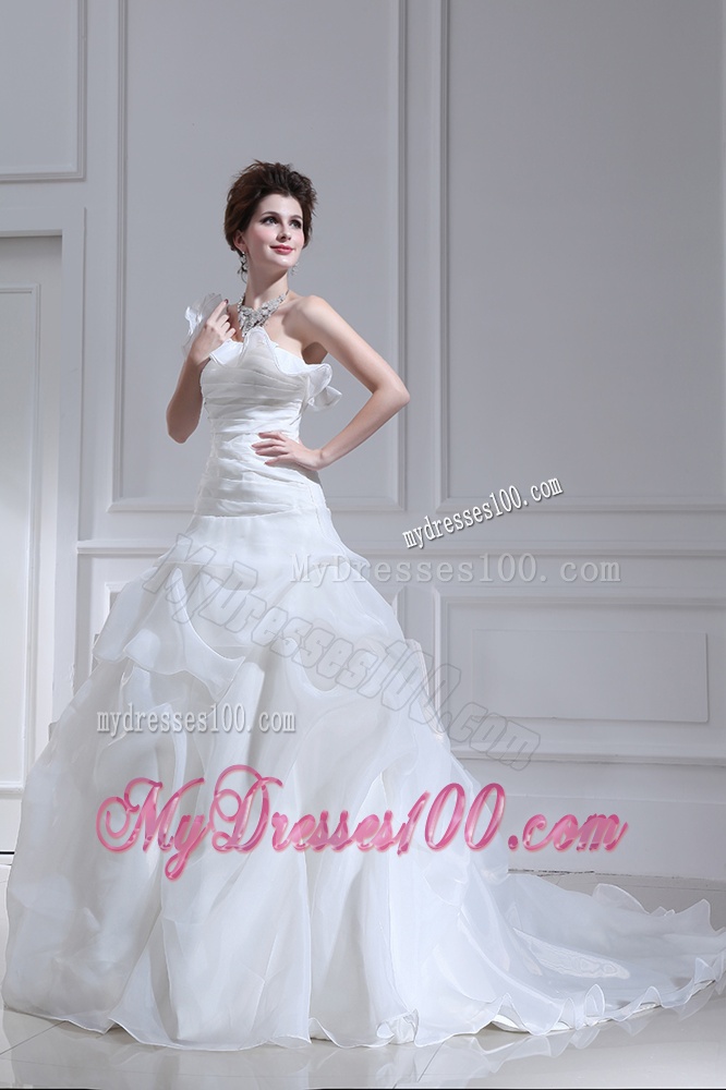 Princess One Shoulder Court Train Wedding Dress with Pick-ups and Ruching