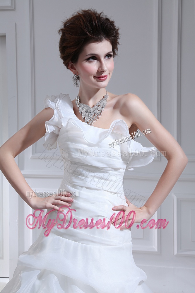 Princess One Shoulder Court Train Wedding Dress with Pick-ups and Ruching