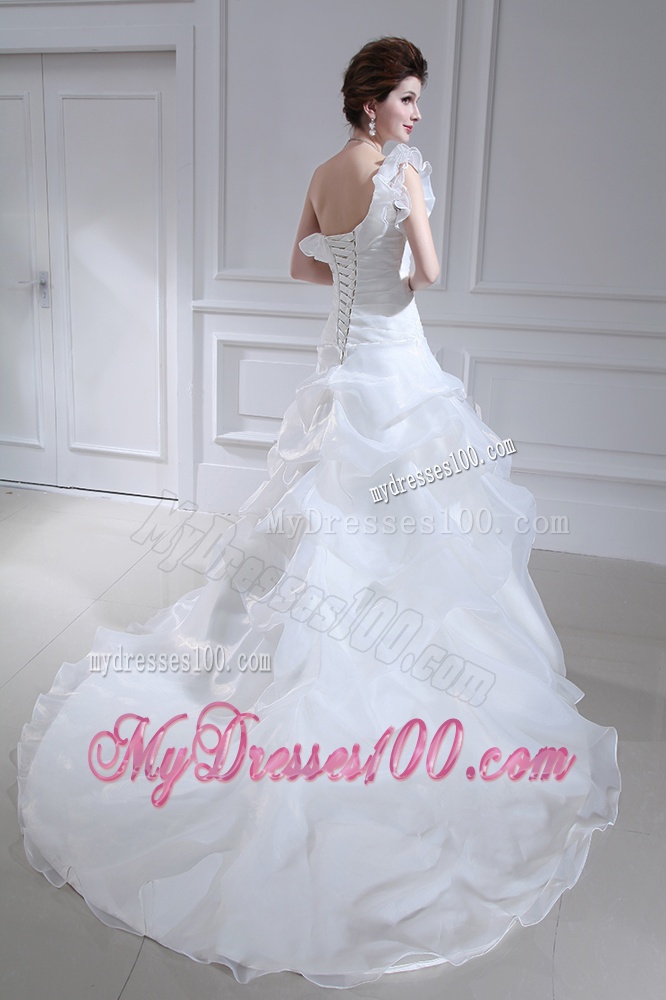 Princess One Shoulder Court Train Wedding Dress with Pick-ups and Ruching
