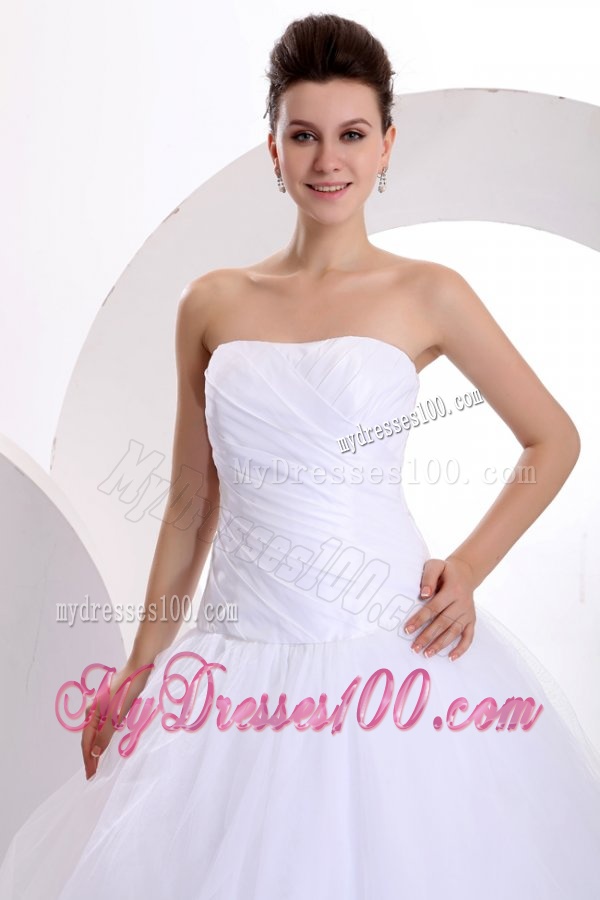 Princess Strapless Ruching Brush Train Tulle Wedding Dress