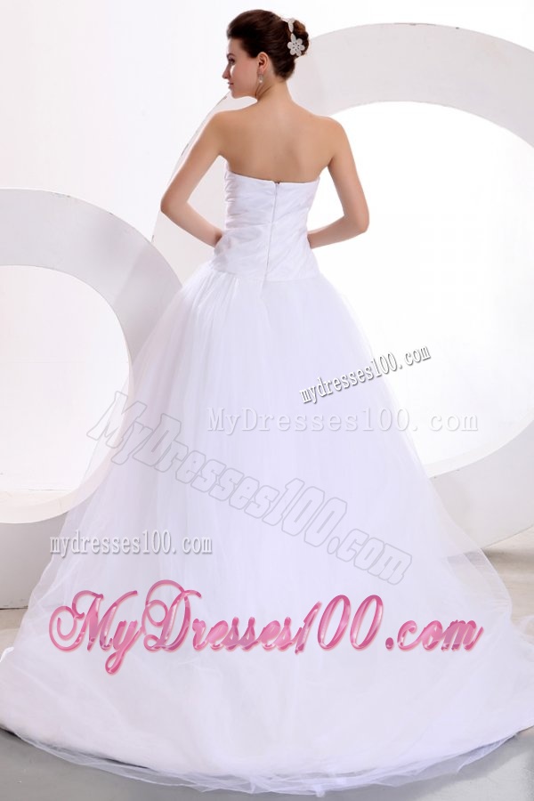 Princess Strapless Ruching Brush Train Tulle Wedding Dress
