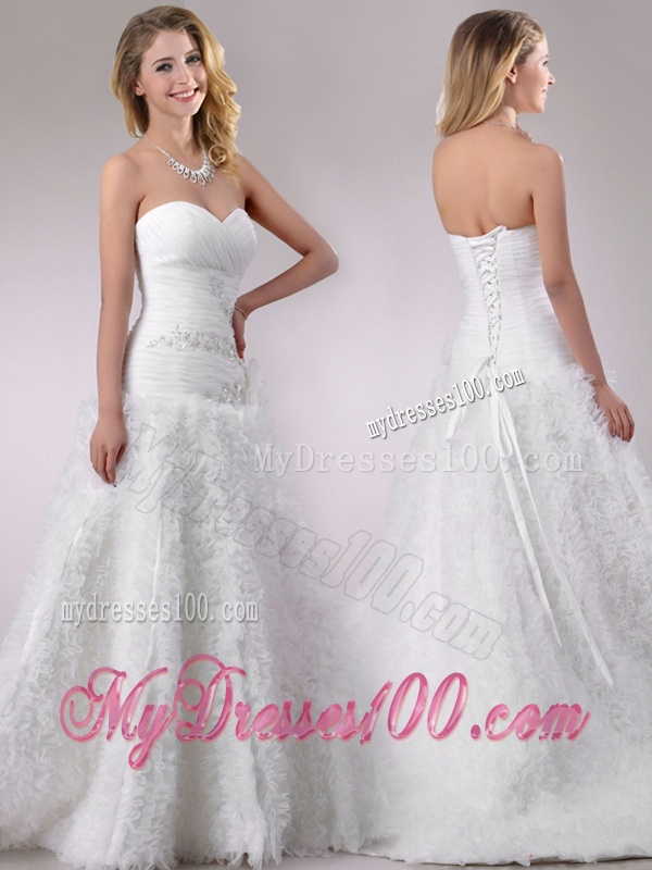 Romantic Beaded and Ruffled Rolling Flowers Wedding Dress with Brush Train