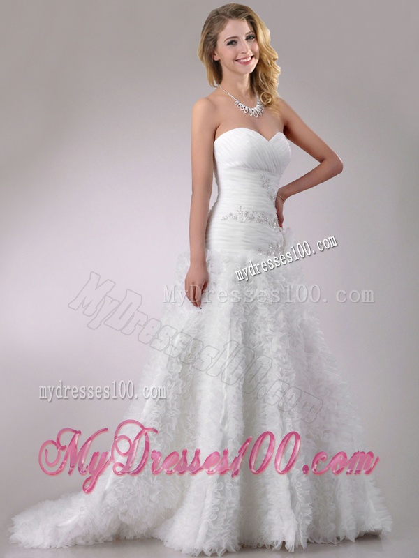 Romantic Beaded and Ruffled Rolling Flowers Wedding Dress with Brush Train
